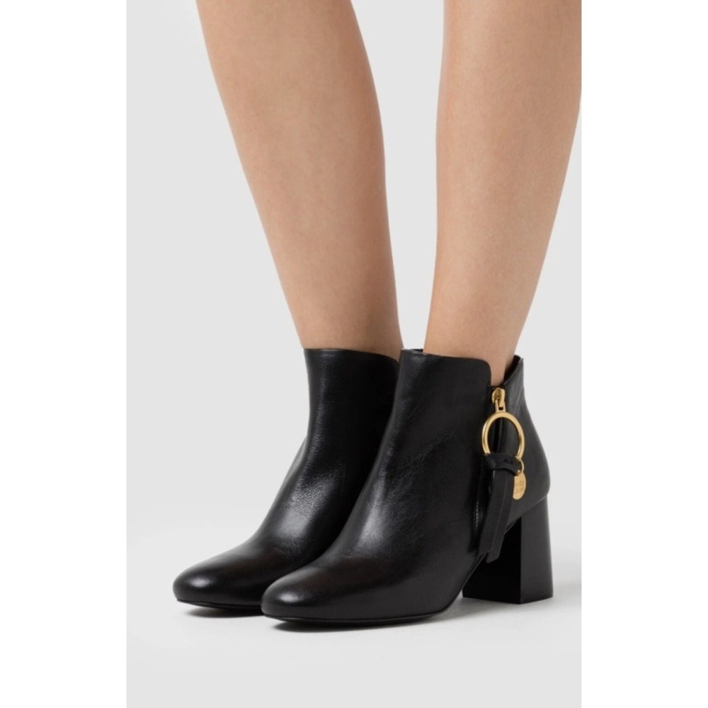 See by Chloe Louise Bootie Leather Ankle Boots Gold Ring Charm Block Heel Sz 39